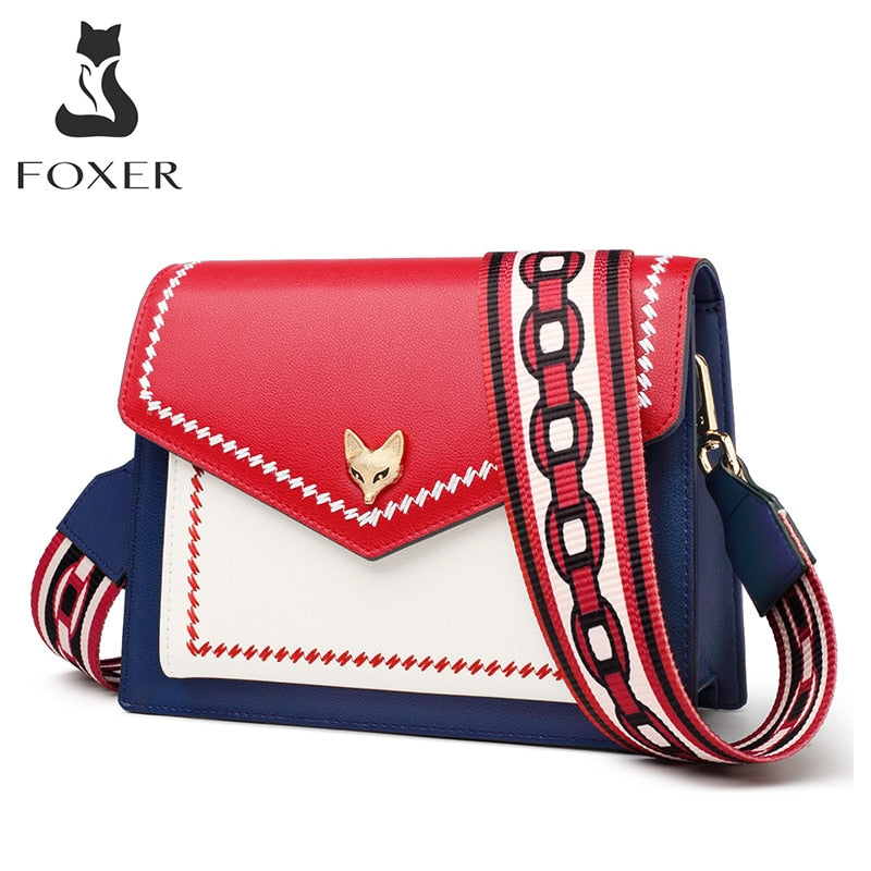 Marca FOXER, bandolera de mensajero para mujer, bolso de hombro de diseñador con solapa con paneles coloridos para mujer, bolso pequeño de cuero dividido para mujer