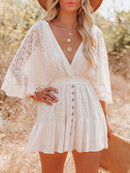 White Lace Tunic Sexy Deep V Neck Button Bikini Cover-ups Women Clothes 2023 Summer Sexy Ruffles Long Sleeves Mini Dress A1132