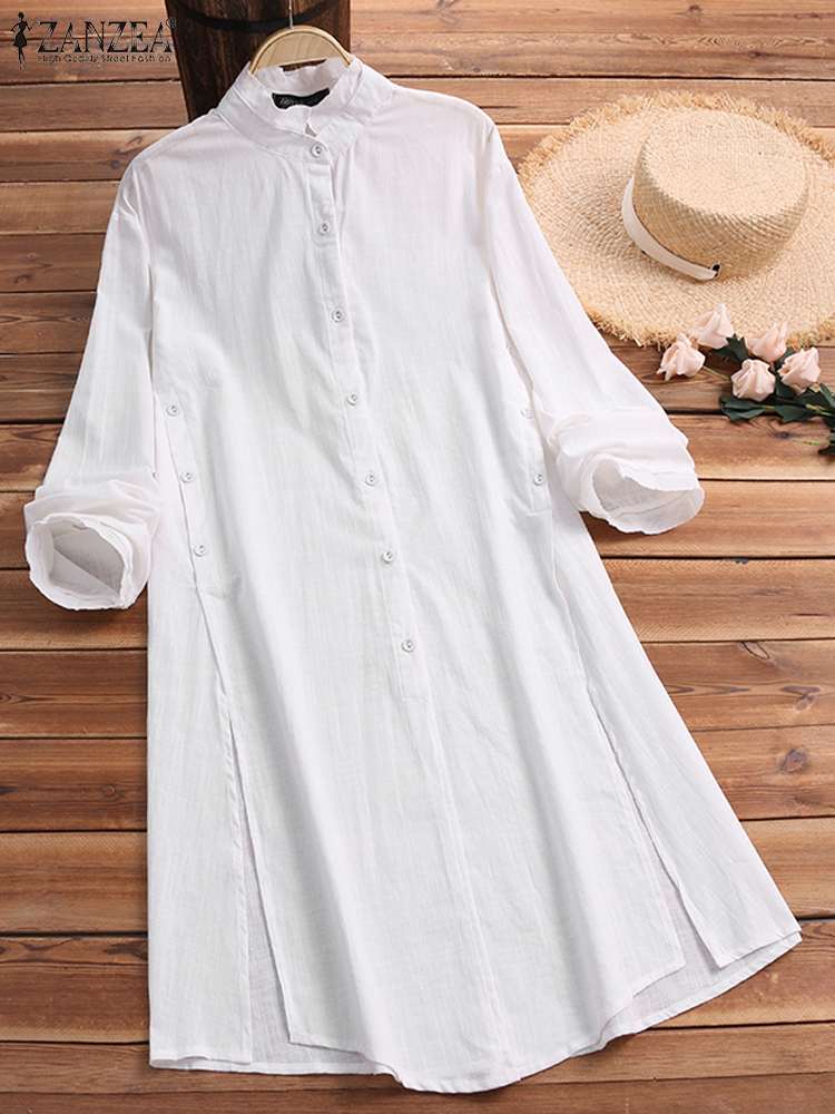 ZANZEA 2022 Summer Solid Long Shirt Women Casual Lapel Long Sleeve Tunic Tops Vintage Cotton Summer Blouse Oversize  OL Cardigan
