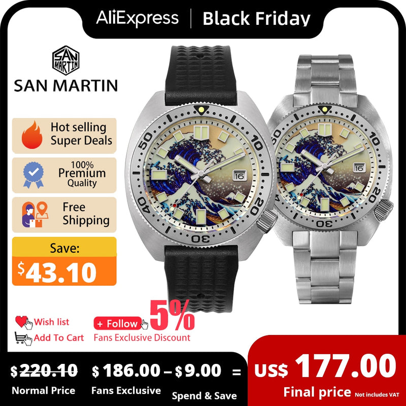 San Martin Diver 6105 Wave 3D Impresión Completa Luminoso Kanagawa Surfing Dial NH35 Mecánico Automático Hombres Reloj Zafiro Fecha