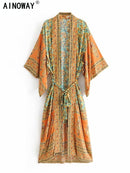 Vintage chic Women yellow Floral Print Sashes beach bohemian Kimono Ladies V Neck batwing Sleeves Maxi robe Boho bikini cover-up