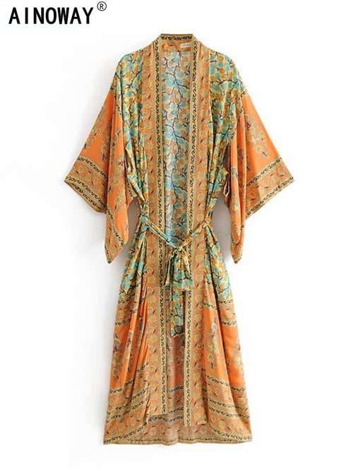 Vintage schicke Damen gelb Blumenmuster Schärpen Strand Bohemian Kimono Damen V-Ausschnitt Fledermausärmel Maxi Robe Boho Bikini-Vertuschung