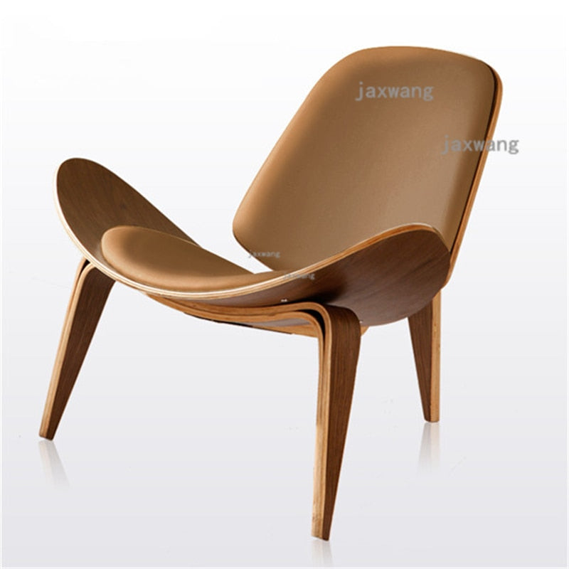Nordic Solid Wood Backrest Living Room Chairs Lazy Leisure Armchair Household Furniture Modern Leather Single Sofa Shell Chair