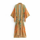 Vintage chic Women yellow Floral Print Sashes beach bohemian Kimono Ladies V Neck batwing Sleeves Maxi robe Boho bikini cover-up