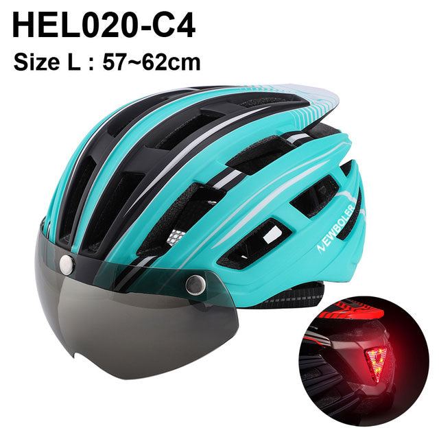 Casco de ciclismo NEWBOLER para hombre y mujer, casco con luz LED, lente para casco de bicicleta de montaña y carretera para montar en bicicleta, deportes, monopatín, Scooter