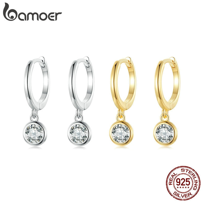 BAMOER 925 Sterling Silver Clear CZ Waterdrop Hoop Earrings for Women, 14K Gold Plated Statement Basic Jewelry 2 Colors SCE830