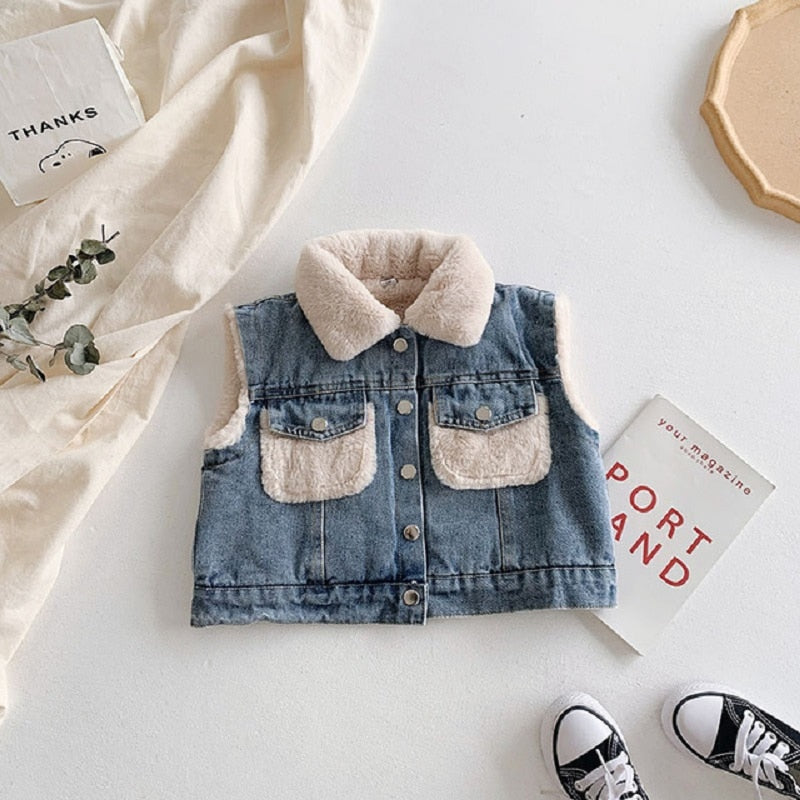 Neue Mode Denim Kind Weste Wintermäntel Warme Fleece Baby Mädchen Jungen Weste Kinder Outfits Kinder Oberbekleidung Für 70-140 cm