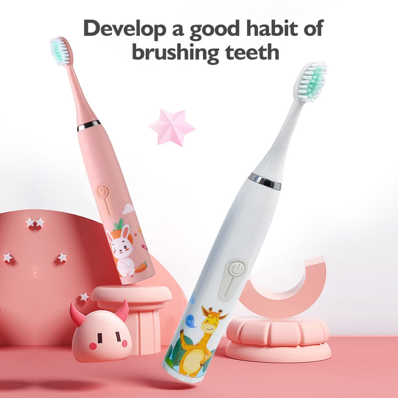 Cepillo de dientes eléctrico ultrasónico para niños Cerdas suaves Dibujos animados 4 modos IPX6 Prevención de dientes a prueba de agua Limpiador de caries Carga USB