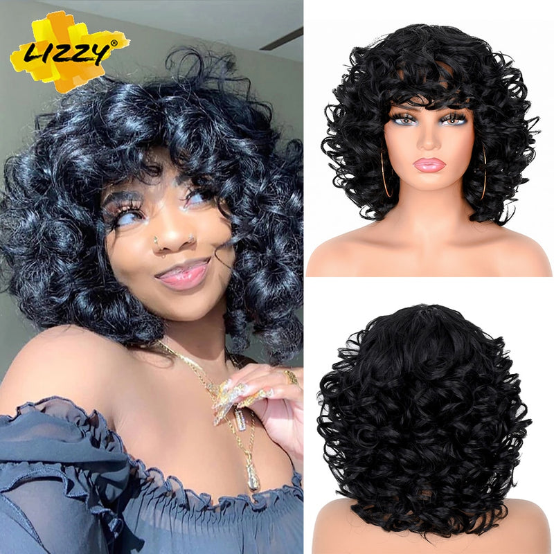 Short Hair Afro Curly Wig With Bangs Loose Synthetic Cosplay Fluffy Shoulder Length Natural Wigs For Black Women Dark Brown 14&quot;