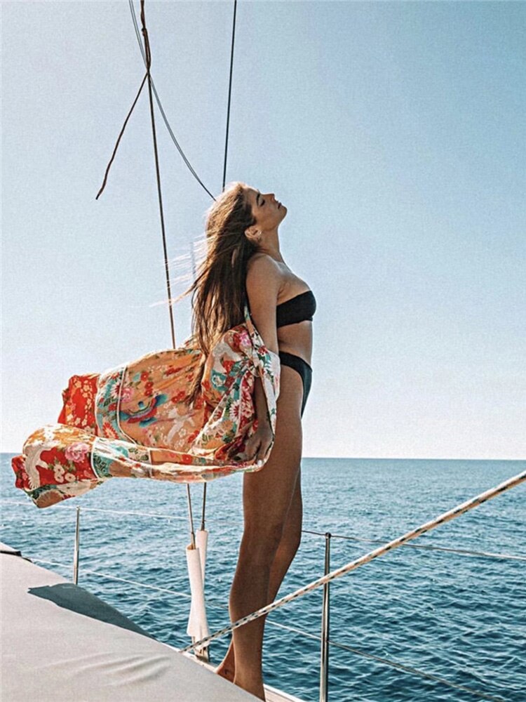 Fitshinling Vintage Print Floral Beach Cover Up Summer Swimwear Bikini Outerwear Flare Sleeve Oversize Bohemian Long Cardigans