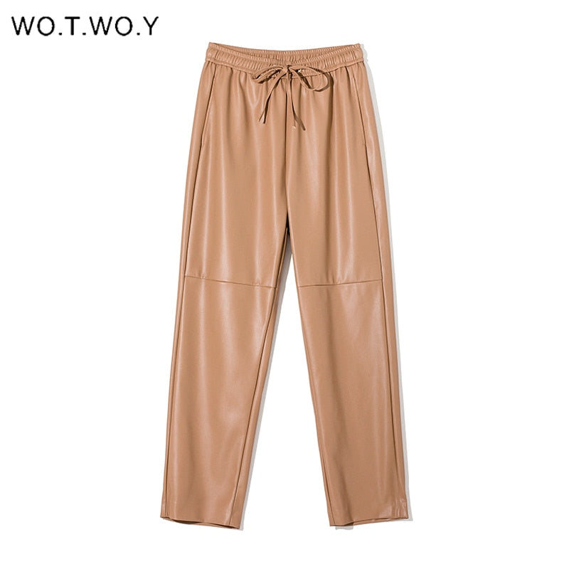 WOTWOY, pantalones de cuero sueltos empalmados de cintura alta para mujer, pantalones de cuero PU con cordón sólido para otoño, pantalones rectos para mujer 2021
