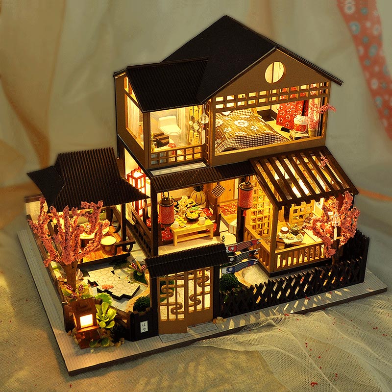 Cutebee DIY Dollhouse Kit Japanese Building  Wooden Miniature Doll Houses With Furniture LED Lights for Children's Birthday Gift