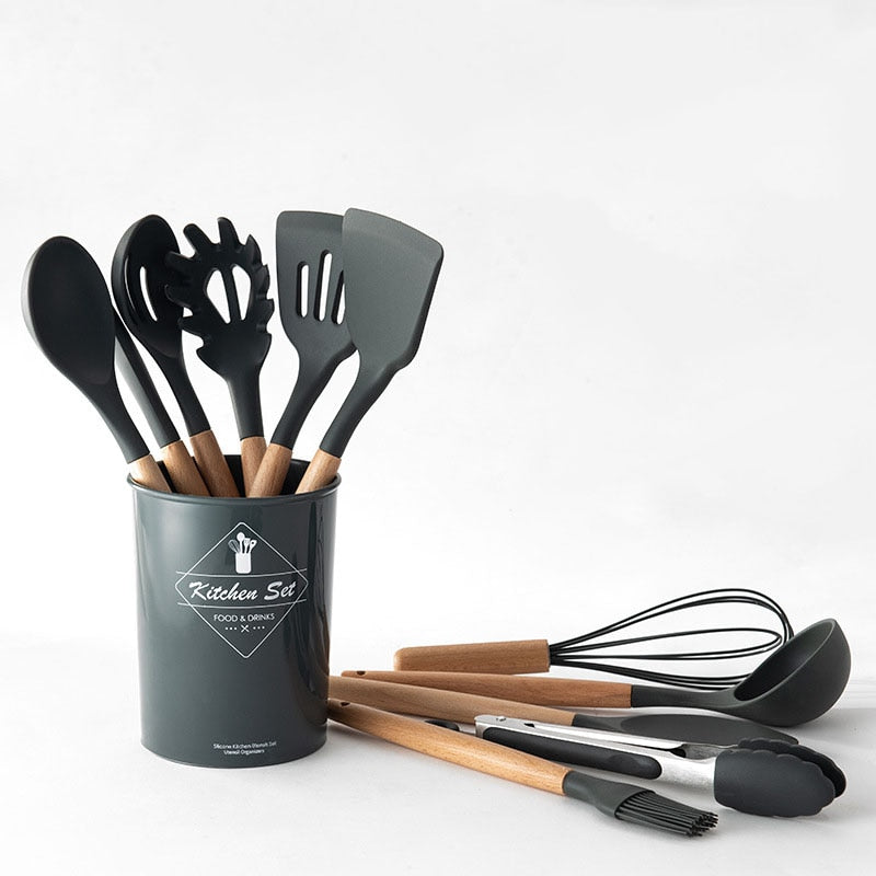 9-13Pcs Cooking Tools Set Premium Silicone Kitchen Cooking Utensils Set with Storage Box Turner Tongs Spatula Soup Spoon