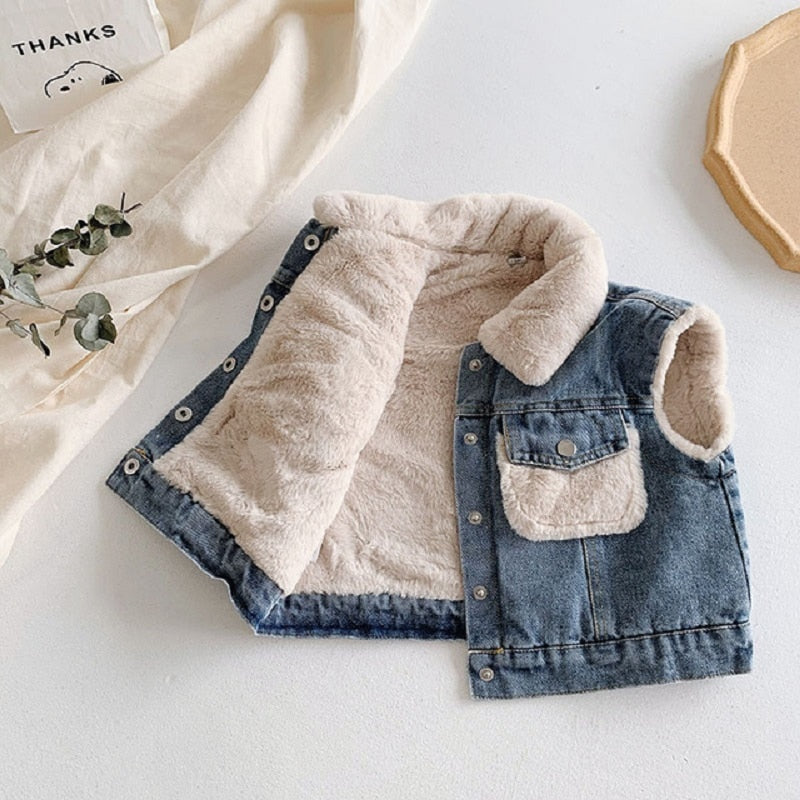 Neue Mode Denim Kind Weste Wintermäntel Warme Fleece Baby Mädchen Jungen Weste Kinder Outfits Kinder Oberbekleidung Für 70-140 cm