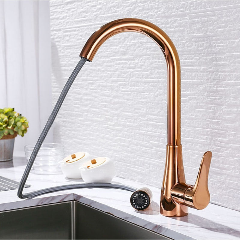 Chaowalmai Rose Gold Kitchen Faucet Mixer Cold And Hot Deck Mounted Single Handle Pull Out Kitchen Sink Water Mixer Tap