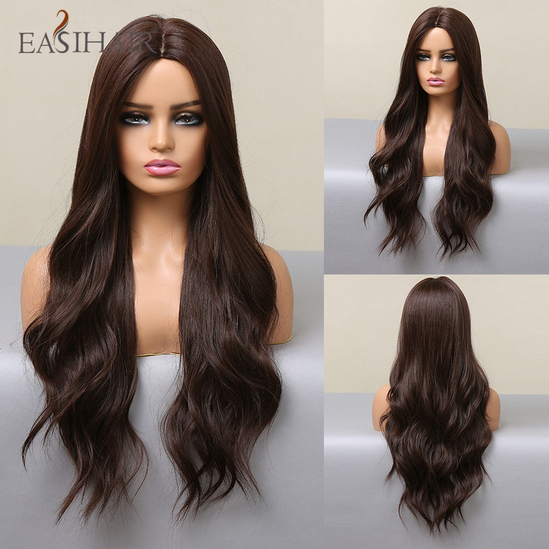 EASIHAIR largo rubio claro Ombre pelucas de estilo ondulado Natural pelucas sintéticas resistentes al calor pelucas de Cosplay de pelo de parte media para mujeres