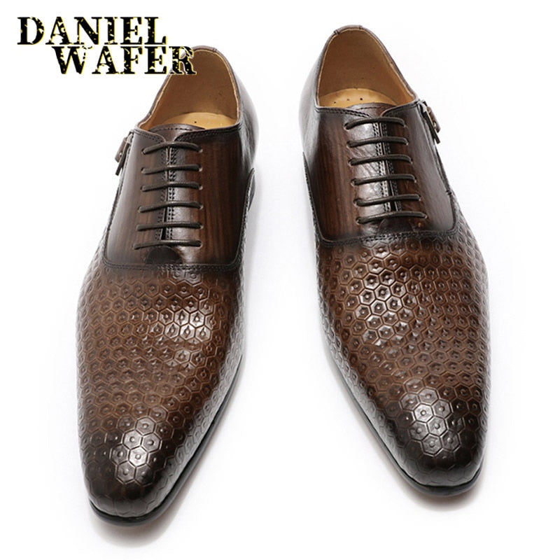 Zapatos de hombre Daniel Wafer de lujo de cuero genuino con estampados geométricos para oficina, boda, hombre, zapatos Oxford formales con cordones negros y punta estrecha