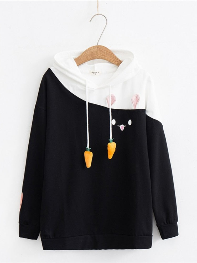 Sudaderas con capucha Merry Pretty para mujer, suéter encantador de animales, sudadera de conejo Kawaii, prendas de vestir exteriores con gráfico de conejito bonito, Sudadera con capucha rosa y negra para niñas