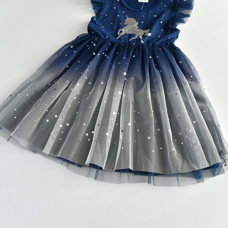 DXTON Mädchen Kleidung für Sommer Prinzessin Kleider Kinder Flare Ärmel Einhorn Druck Kleid Mädchen Party Kleider Kinder Kleidung 3-8 Jahre