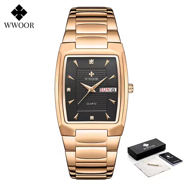 Relogio Masculino WWOOR 2022 Neue quadratische Uhr Herren mit automatischem Wochendatum Mann Quarz Armbanduhren Luxus Edelstahl Gold