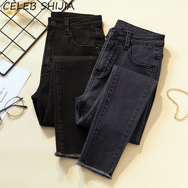 2022 Neu kommen Frau Röhrenjeans Schwarz Grau Hohe Taille Elastische Denim-Bleistift-Hosen Frau Mon Korean Fashion Jeans Solid