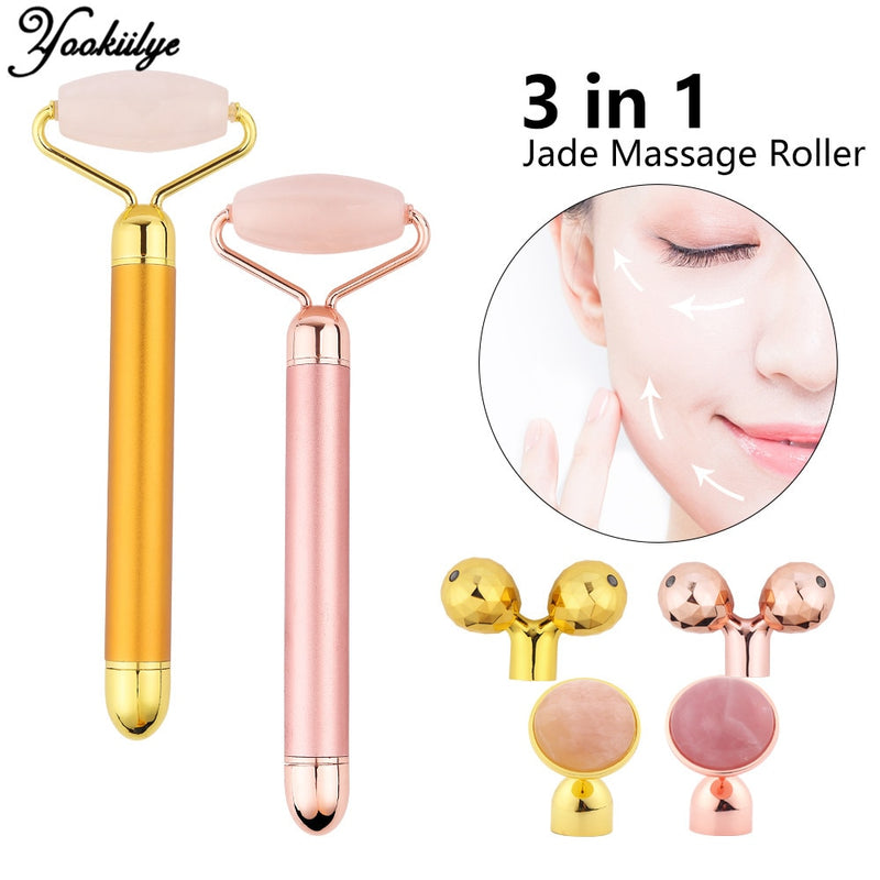 3 In 1 Electric Jade Roller Slimming Face Massage Lifting Vibrating Natural Rose Quartz Jade Roller Stone Facial Beauty Tool