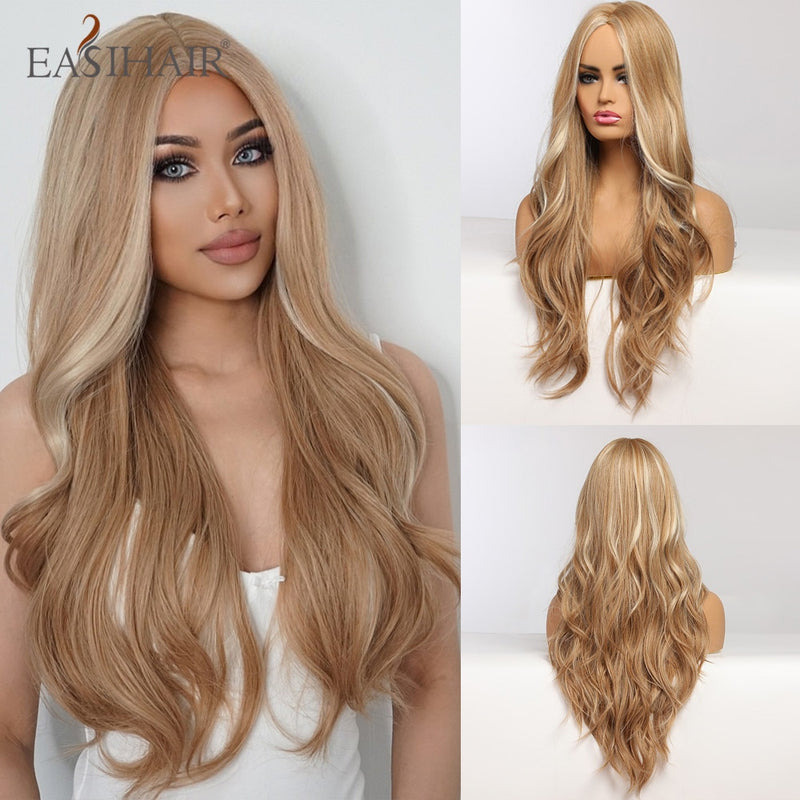 EASIHAIR Long Wavy Dark Brown Black Synthetic Wigs Natural Middle Part Hair Wigs for Women Daily Cosplay Party Heat Resistant