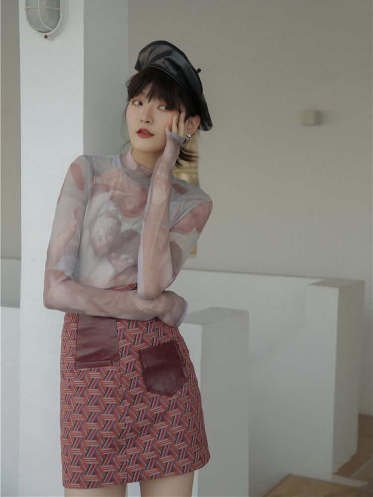 CHEERART Sheer T Shirt Women Turtle Neck Mesh Top Painting Print Long Sleeve Tee Shirt Femme Body Tight Underwear Fall Clothes