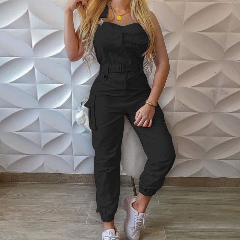 Strap Jumpsuit Women Loose Dungarees Long Rompers Summer Solid Pockets Cargo Pants Female Casual Work Out Playsuits Overalls