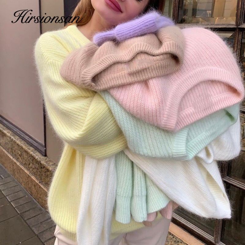 Hirsionsan Soft Loose Knitted Cashmere Sweaters Women 2021 New Winter Loose Solid Female Pullovers Warm Basic Knitwear Jumper