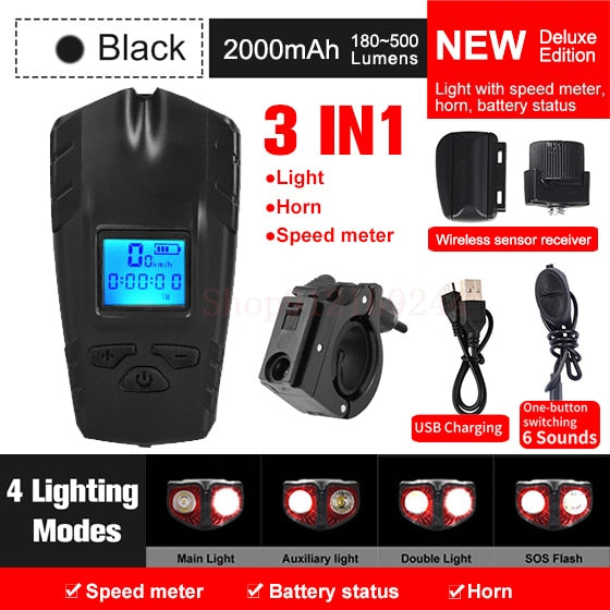 Luz de bicicleta recargable por USB, odómetro de bicicleta, linterna de luz delantera con ordenador, velocímetro LCD, cabeza de ciclismo, bocina de linterna
