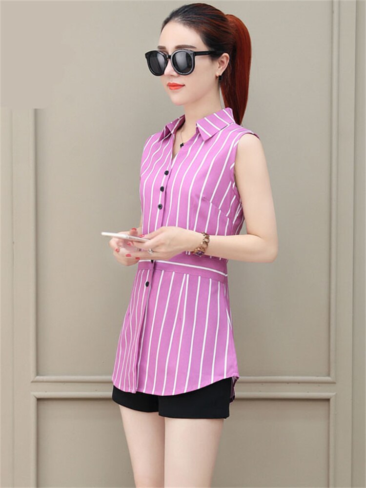 Women Spring Summer Long Style Chiffon Blouses Shirts Lady Casual Sleeveless Striped Turn-down Collar Blusas Tops DF1927