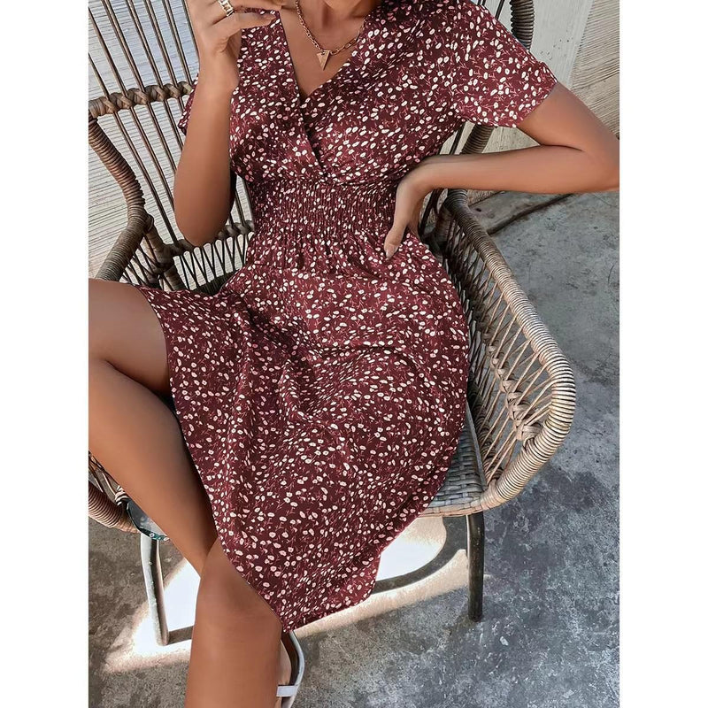 White Floral Printing Summer Chiffon Beach Dress 2022 Casual V-neck Short Sleeve A-line Women Midi Dresses Vestidos