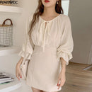 Cute Fairy Chic Tops Korea Japan Style 2022 Autumn Flare Sleeve Casual Beige Color Women Lace-Up Bow Tie Top and Blouses