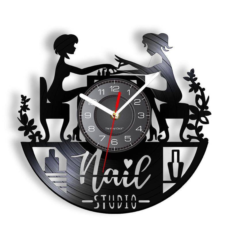 Reloj de pared con diseño de manicura, tienda de belleza a la moda, arte de pared, salón de uñas, disco de vinilo, reloj de pared, belleza de uñas, decoración del hogar, regalo para ella