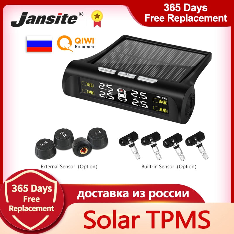 Jansite Smart Car TPMS Sistema de monitoreo de presión de neumáticos Energía solar Pantalla LCD digital Sistemas de alarma de seguridad para automóviles Presión de neumáticos