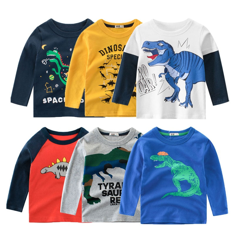 Camisetas de algodón 95% para niños, camisetas de manga larga para primavera y otoño, sudadera de dinosaurio para niños, camisas para niños, ropa para niños