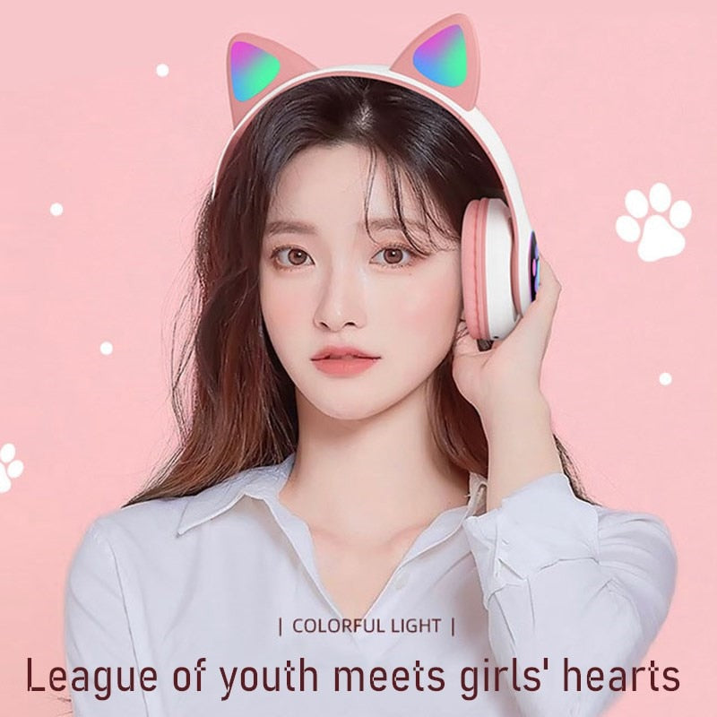 Flashing LED Cute Cat Ears Headphones Bluetooth Wireless Headset with Mic TF FM Kid Girl Stereo Music Earbud Kitten Earphon Gift