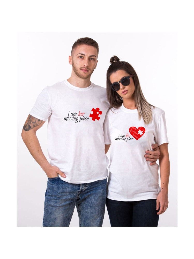 I Am Her Missing Piece & I Am His Missing Piece Couple TShirt for Lovers Husband Wife Harajuku Matching Shirt Valentine Day Gift