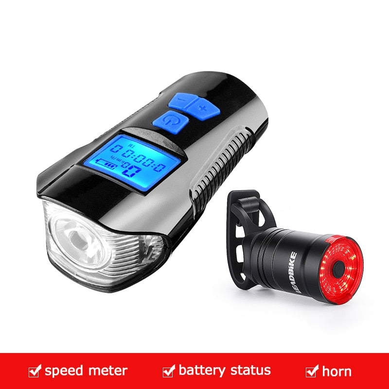 Waterproof Bicycle Light USB Charging Bike Front Light Flashlight Handlebar Cycling Head Light w/ Horn Speed Meter LCD Screen