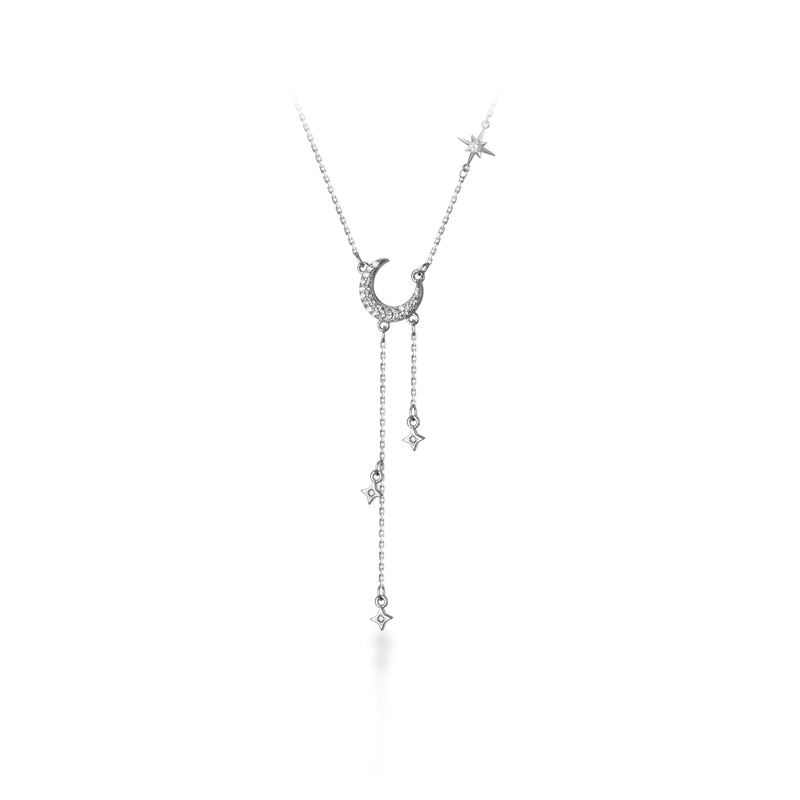 TrustDavis Genuine 925 Sterling Silver  Moon Tassel Star Pendant Short Necklace For Women Wedding S925 Necklace Jewelry DA1027