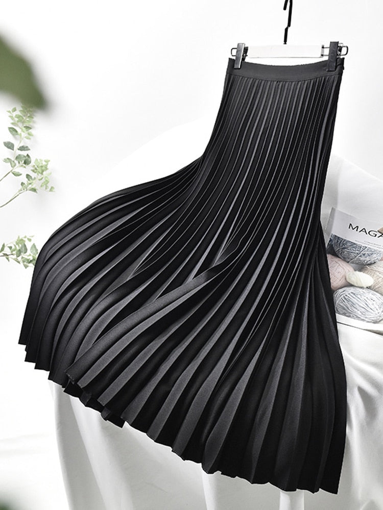 Markendesigner-Frauen-Frühlings-Herbst-eleganter schicker fester Faltenrock-hohe Taillen-Luxusmode mit elastischem weiblichem C-035