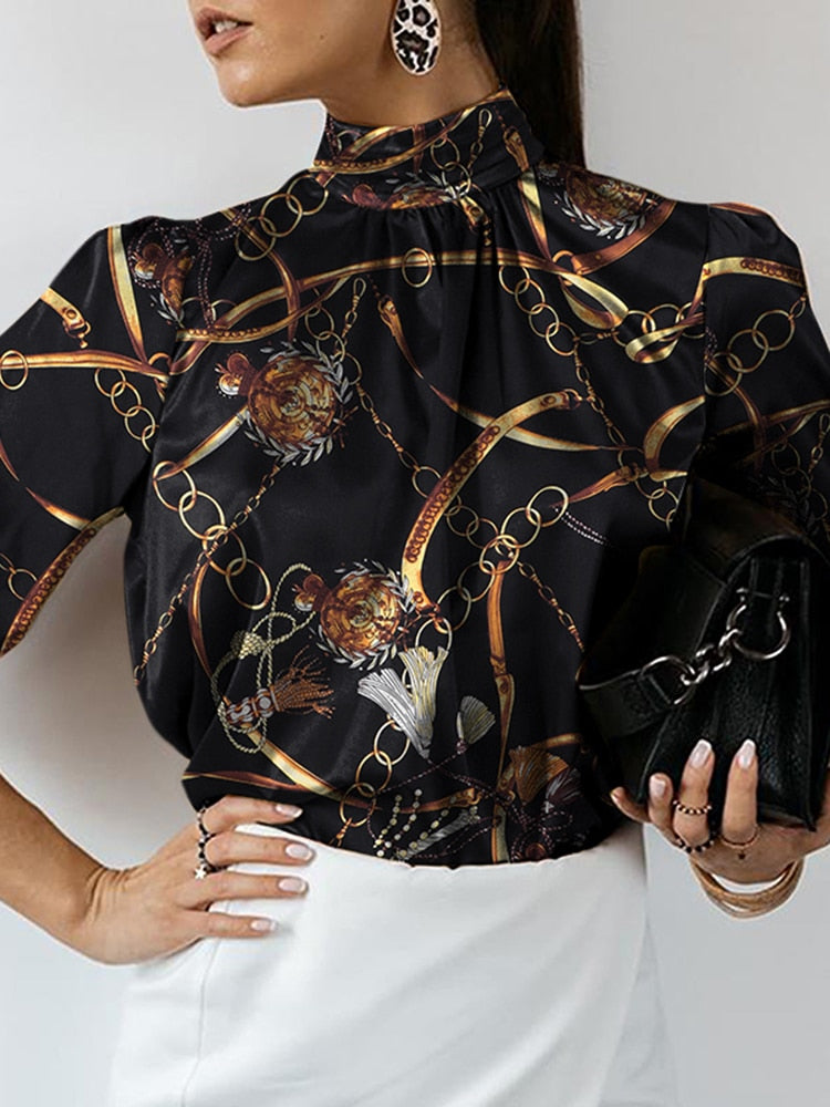 Celmia Women Satin Blouse 2023 Fashion Elegant Tunic Slik Tops Autumn Solid High Collar Shirt Long Sleeve Party Blusas Femininas