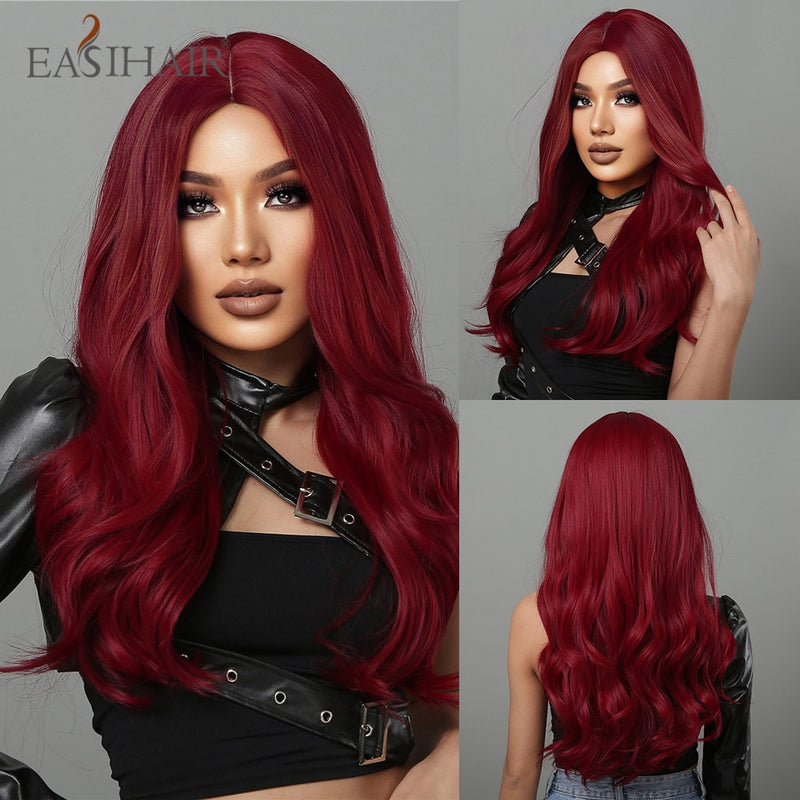 EASIHAIR Long Wavy Dark Brown Black Synthetic Wigs Natural Middle Part Hair Wigs for Women Daily Cosplay Party Heat Resistant