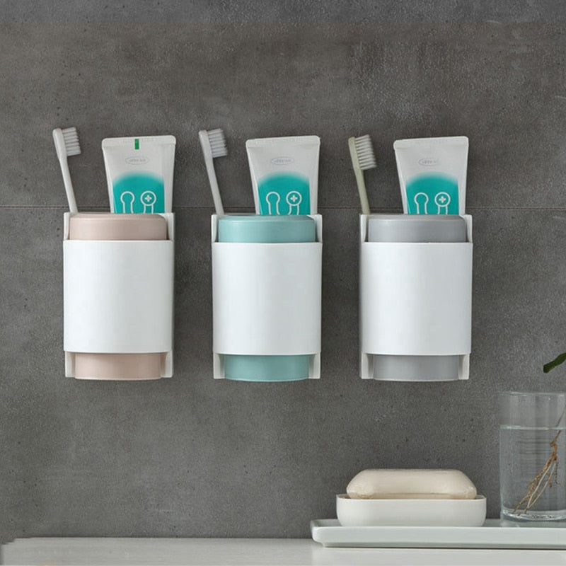 Toothbrush Holder Toothpaste Rack Mouthwash Cup  Strong Adsorption Hanging Storage Rack With Cup  Bathroom Accessory