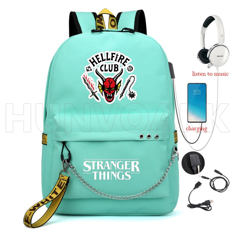 Nueva mochila Stranger Things HELLFIRE, mochila multifunción de lona de viaje con carga USB para estudiantes, mochila escolar para adolescentes, niños y niñas