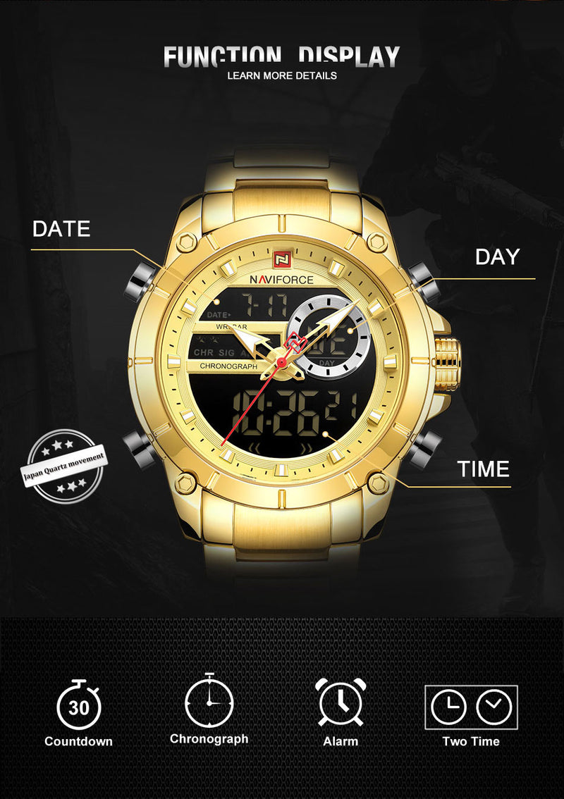NAVIFORCE, reloj de pulsera deportivo Original de lujo para hombre, reloj de pulsera resistente al agua de acero de cuarzo dorado, relojes de doble pantalla, reloj Masculino 9163