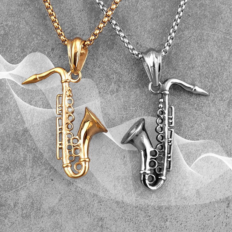 Saxophone Long Men Necklaces Pendant Chain Punk Cool Punk for Boyfriend Male Stainless Steel Jewelry Creativity Gift Wholesale