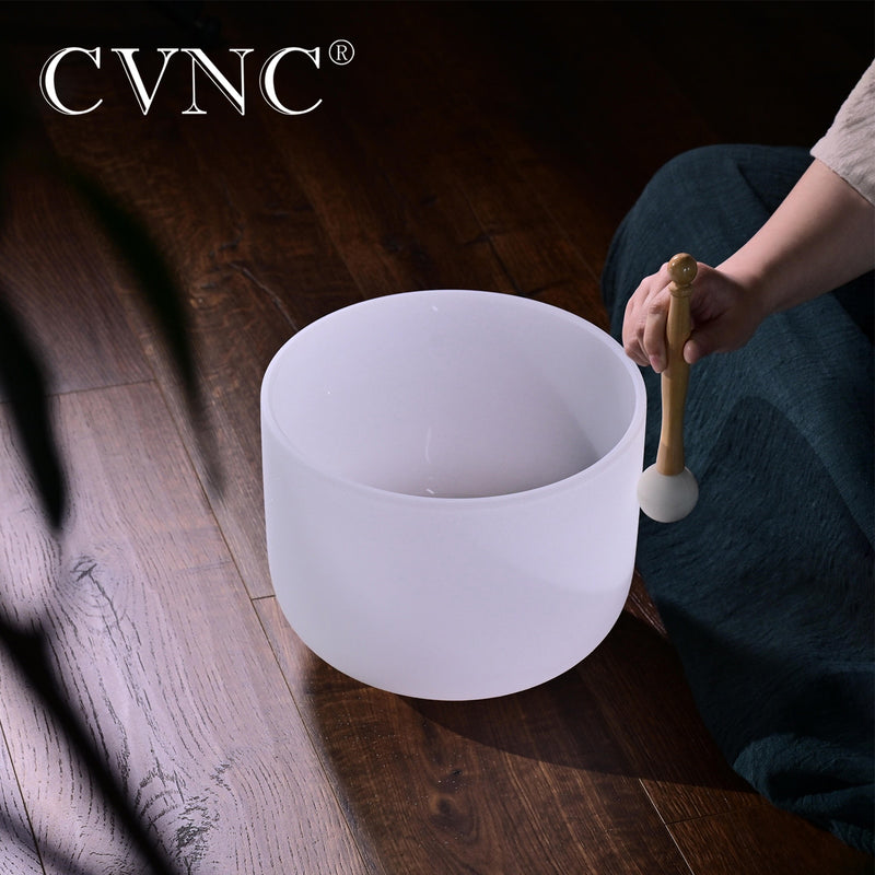 CVNC 12-Zoll-Chakra-Klangschale aus gefrostetem Quarzkristall für Klangheilung und Energieausgleich mit kostenlosem O-Ring und Schlägel