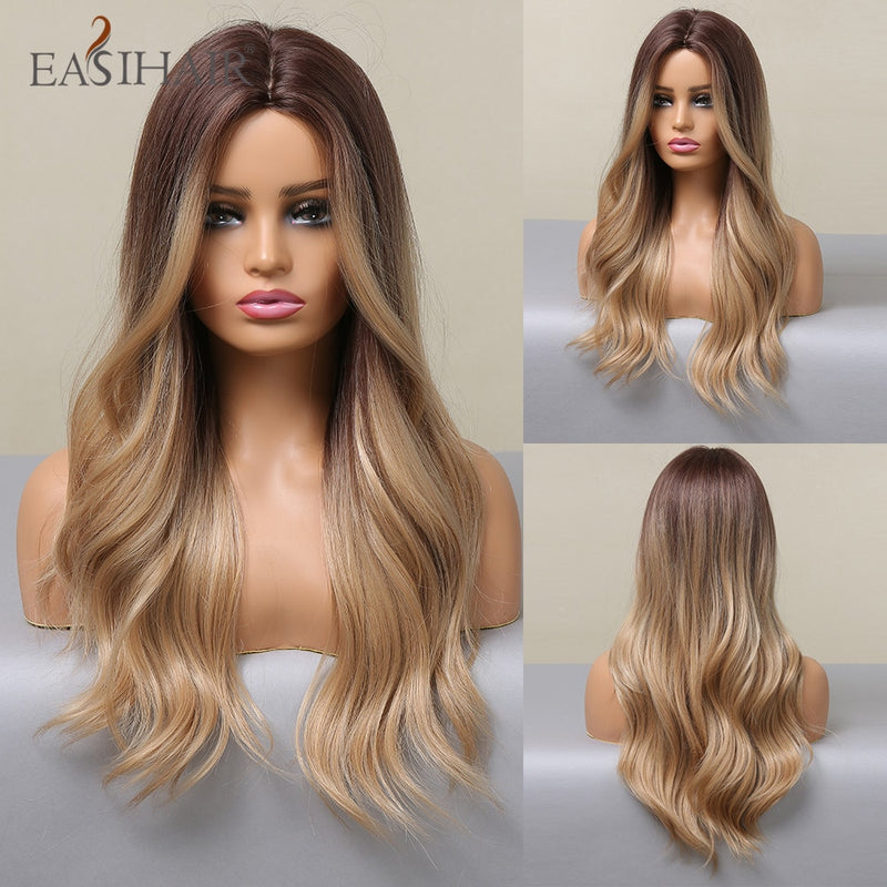 EASIHAIR Lange hellblonde Perücken im Ombré-Stil mit natürlichen Wellen, hitzebeständig, synthetische Perücken, Mittelteil, Cosplay-Perücken für Frauen